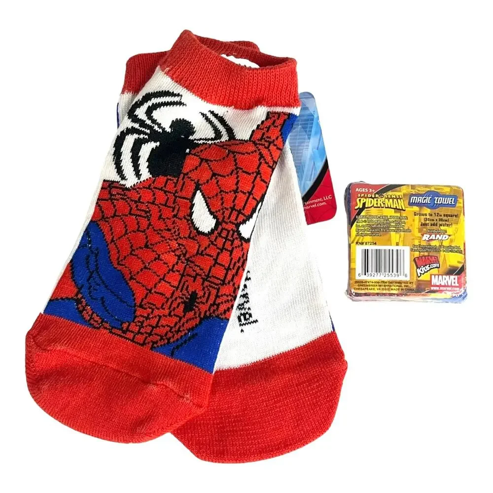 NEW Marvel Spiderman SOCKS & MAGIC TOWEL Boys 6-8.5 Sock + Expandable Washcloth